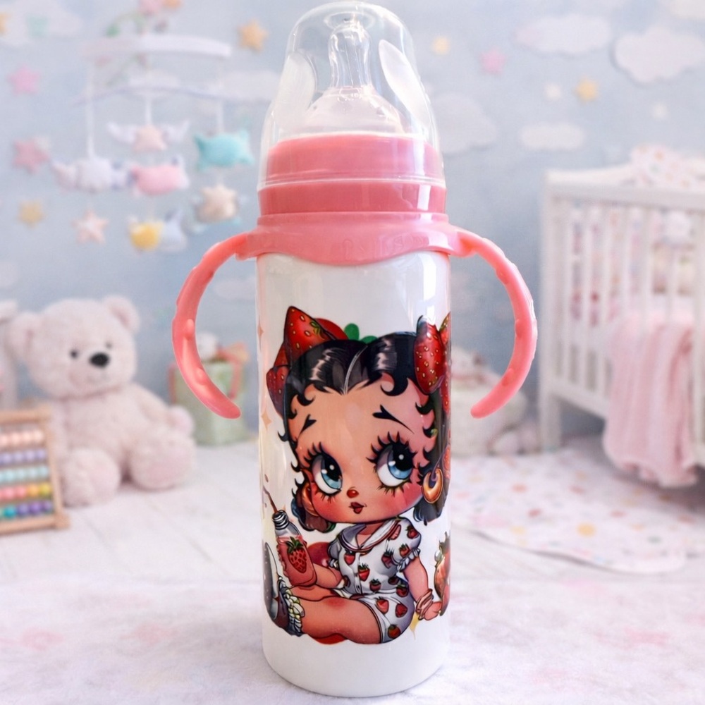 Size: 8 oz (240 ml) Pink-Handled Cute Cartoon Baby Bottle